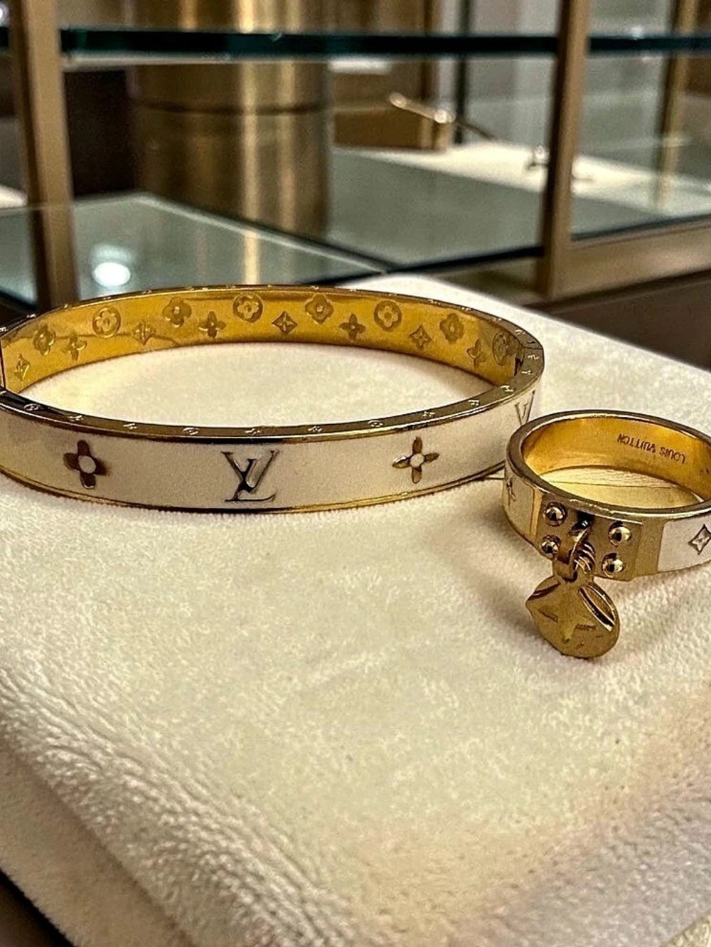 Enamel Bracelet and Ring Set White & Gold-Tone Stainless Steel